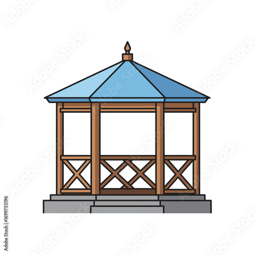 Detailed Vector Illustration of a Wooden Gazebo with Blue Roof and Finial.