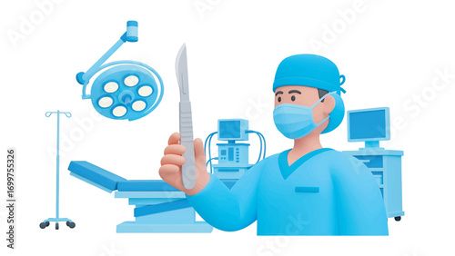 Surgeon holding scalpel in operating room preparing for surgery with medical equipment and bright lighting, conveying a sense of sterile precision.