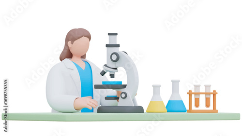 Female scientist analyzing sample under microscope in laboratory with beakers and test tubes, conducting research for medical breakthrough, optimistic.