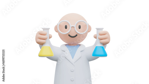 Cartoon scientist holding beakers with colorful liquids in laboratory, showcasing scientific research and discovery with a cheerful and optimistic mood.