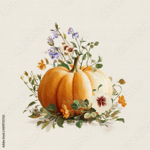 Wallpaper Mural Orange Pumpkin with Colorful Flowers on Textured Background Torontodigital.ca