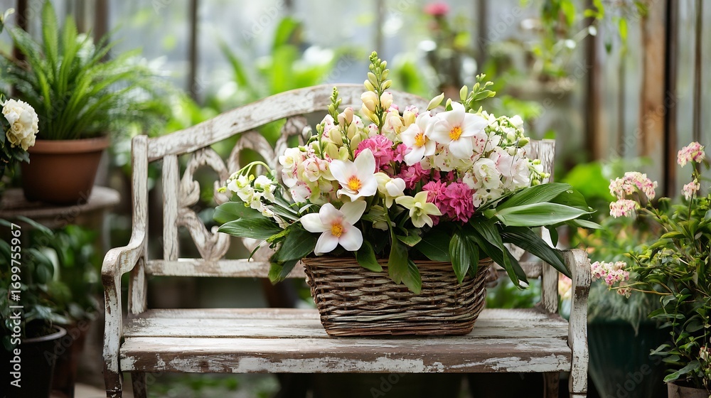Fototapeta premium Beautifully decorated flower basket with orchids roses and gardenias resting on a vintage wooden bench in a lush greenhouse filled with various potted plants and ferns