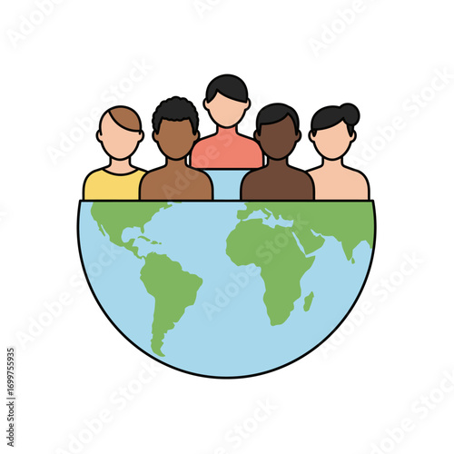 Diverse Group of People Standing Above a World Globe Representing Global Unity.