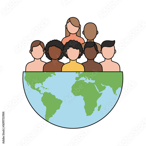 Diverse Group of People Standing on a Simplified Earth Globe.