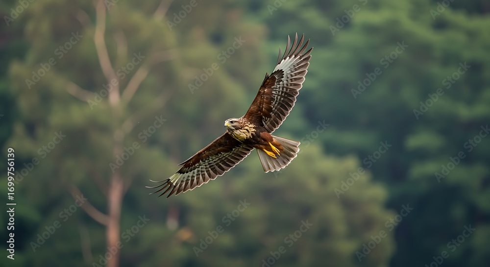 Fototapeta premium A majestic buzzard or hawk soars gracefully through the air with outstretched wings against a soft, blurred green forest background, showcasing its powerful flight.