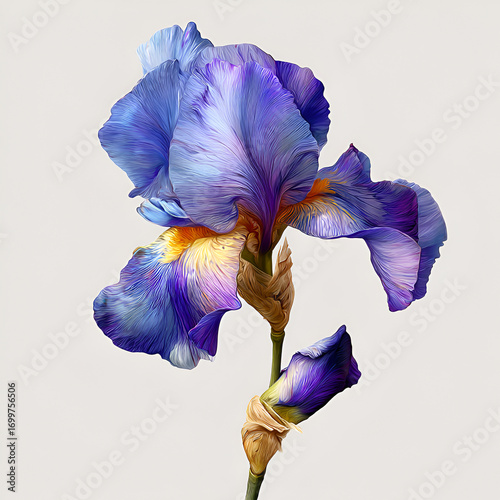 Vibrant Purple Iris Flower Bloom Isolated on White Background