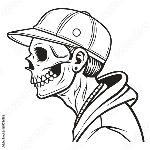 Vector Illustration of Cool Skull Wearing Cap and Hoodie