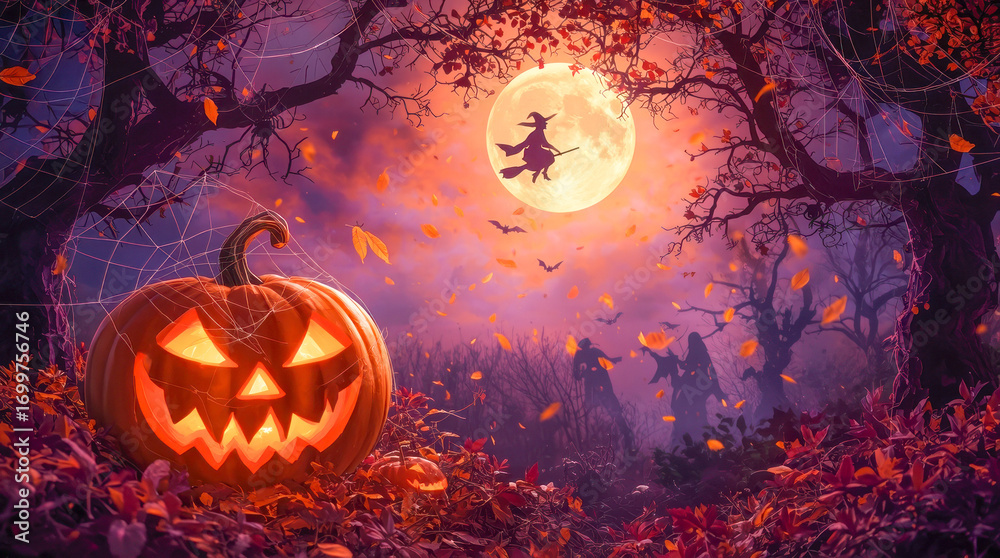 Fototapeta premium Halloween with a dark blue and purple sky, filled with bats flying and a pumpkin. 3D render
