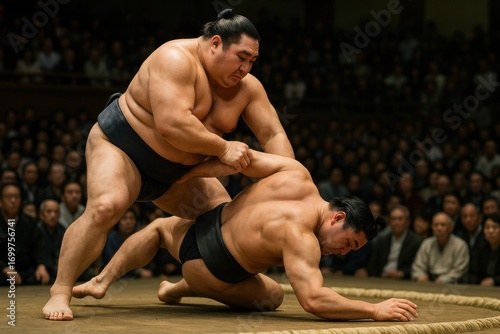 Dramatic sumo throw performed at the edge of the dohyo, one wrestler losing balance as the other executes a winning technique, authentic Japanese martial arts culture and heritage