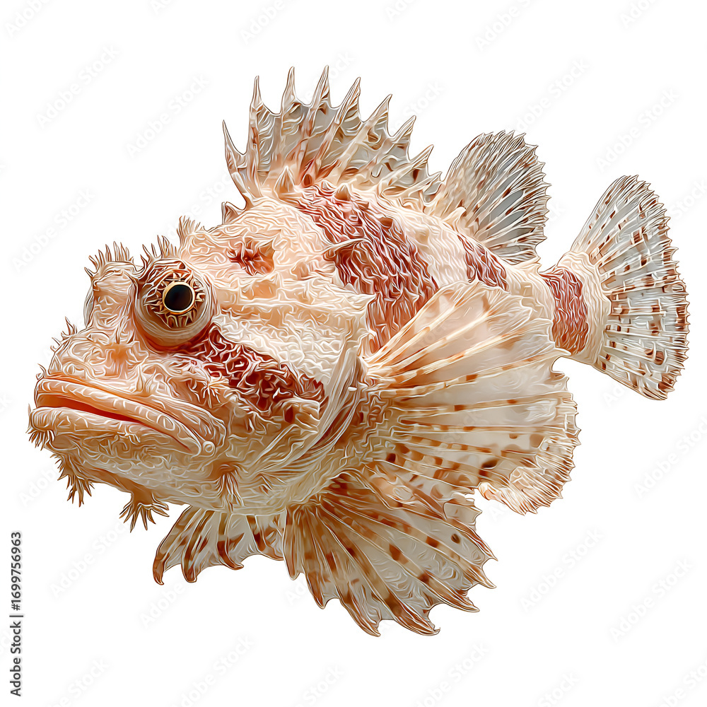 Obraz premium Realistic Scorpionfish with Spiny Fins Isolated on White Background