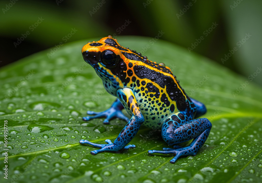 Obraz premium Vibrant Poison Dart Frog Perched on a Dewy Green Leaf in a Tropical Environment