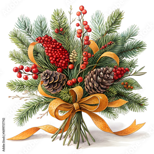 Festive winter bouquet illustration pine cones berries holly branches ribbon
