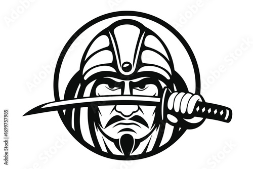 Cute Samurai Mascot Character with Helmet and Sword on White Background