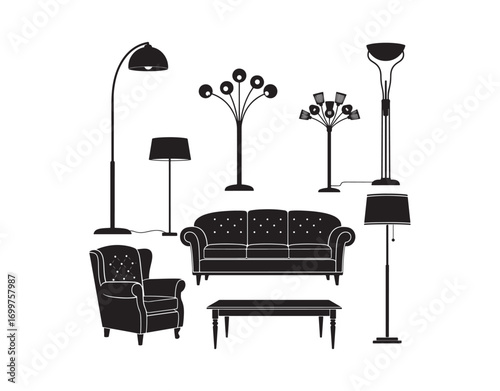A vintage furniture collection with black silhouette floor lamps set against a white backdrop - vector art

