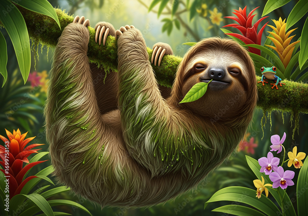 Obraz premium Cute Three-Toed Sloth Hanging on a Vine in a Lush Tropical Rainforest with Vibrant Flowers and a Small Frog