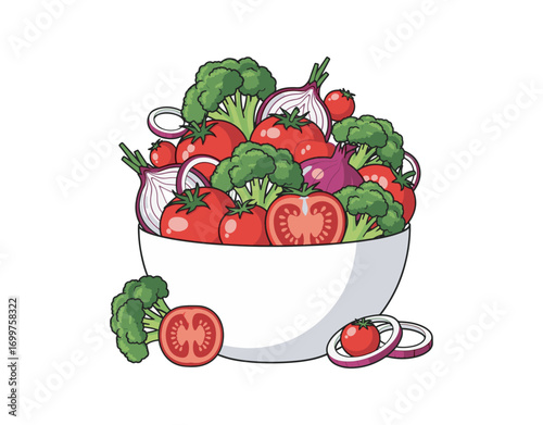 A bowl of veggies sitting on a white background. You've got tomatoes, broccoli, and onions in a pot. Fresh organic goodies for a salad. This is a vector flat illustration of cooking food