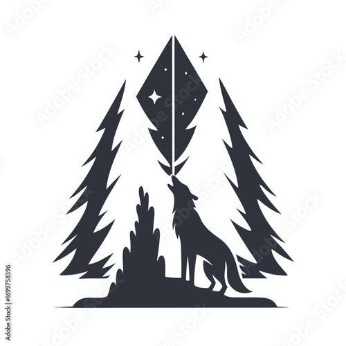 Dark Silhouette Wolf Howling at Night among Pine Trees with Stars