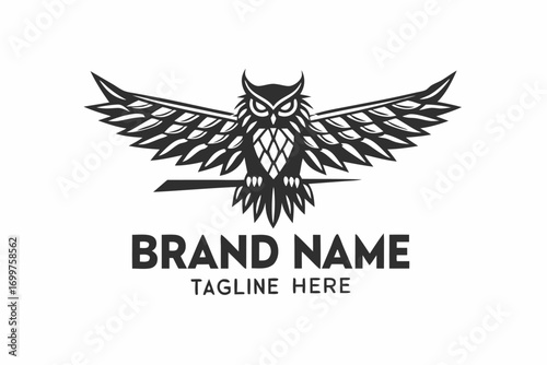 Decorative Owl with Spread Wings Art on a White Background