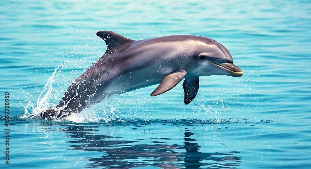Obraz premium A playful dolphin gracefully breaches the surface of the clear blue ocean, creating a vibrant splash, showcasing its agility and the beauty of marine life.