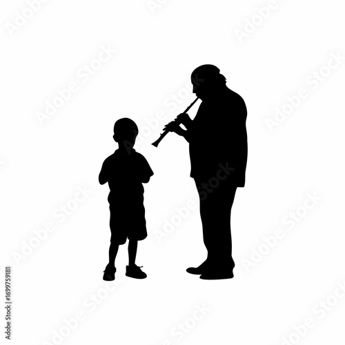 Silhouette of grandfather teaching grandson to play flute isolated on white background