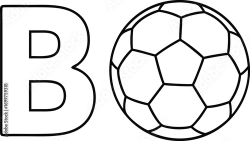 Black and white illustration featuring the letter b and a soccer ball for education and play