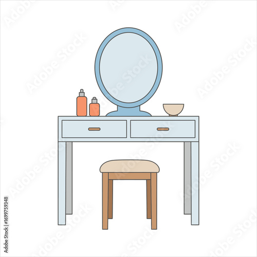 Minimalist Vanity Set with Mirror Stool and Cosmetics in Pastel Colors.