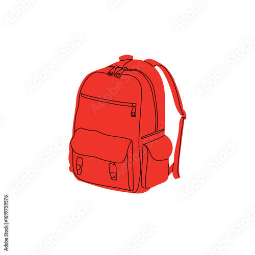 School red backpack in flat modern design with outlines. Hand drawn schoolbag for kids materials, back to school visuals, education prints. Vector illustration.