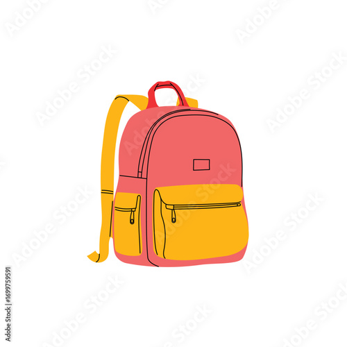 School pink and yellow backpack in flat modern design with outlines. Hand drawn schoolbag for kids materials, back to school visuals, education prints. Vector illustration.