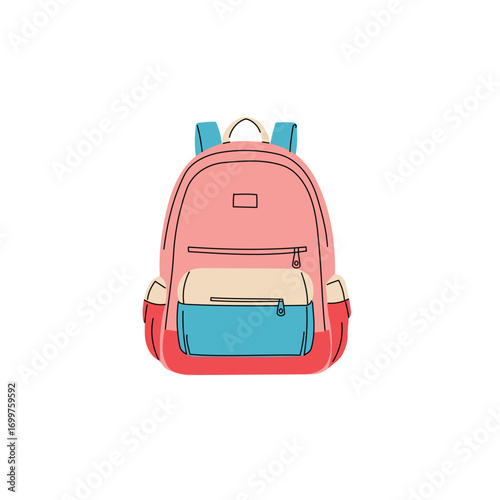 School pink backpack in flat modern design with outlines. Hand drawn schoolbag for kids materials, back to school visuals, education prints. Vector illustration.