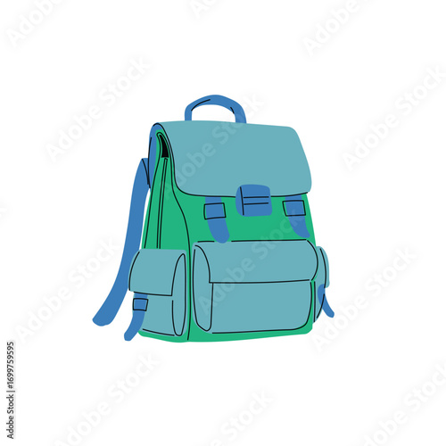 School blue and green backpack in flat modern design with outlines. Hand drawn schoolbag for kids materials, back to school visuals, education prints. Vector illustration.