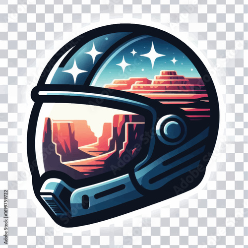 Futuristic astronaut helmet reflecting a vibrant alien desert landscape under a starry sky.