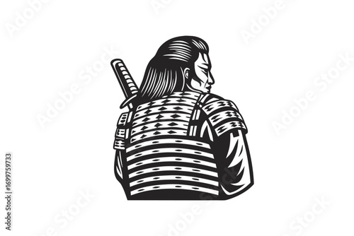 Detailed Samurai Warrior with Sword, Traditional Armor on White Background