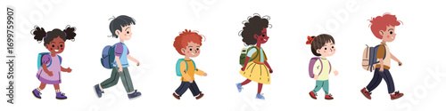 Diverse group of school kids of different ethnicity in uniform going to school. Flat modern design vector illustrations isolated on white background.