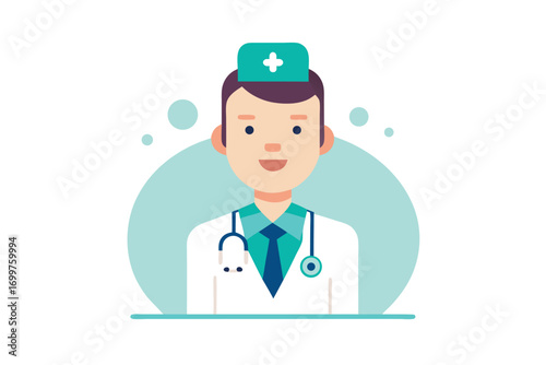 Doctor in Flat Style with Medical Cap on White Background