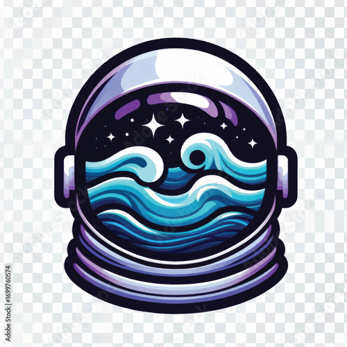 Astronaut helmet reflecting a cosmic ocean scene with waves and stars.