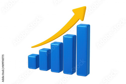 Free Download Growing blue bar graph with yellow upward arrow depicting rising business performance, financial success visualized on transparent backdrop - GFXLoad