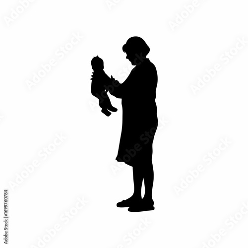 Silhouette of grandmother blessing newborn grandchild isolated on white background