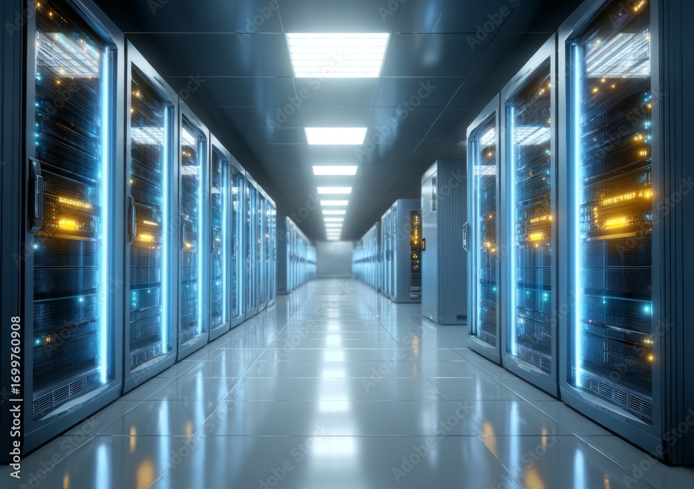 Fototapeta premium Server room data center hosting supercomputer technology network computing cloud storage