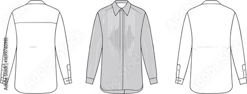 cad drawing flat vector illustration, fashion shirt technical sketch, front back view, pleated design, garment template, apparel outline, button-up shirt, long sleeve, collar detail, 