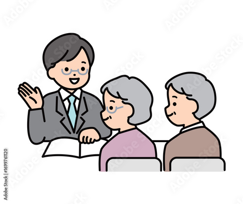 お客様に提案をするビジネスパーソンと説明を受けるシニア夫婦のベクターイラスト素材