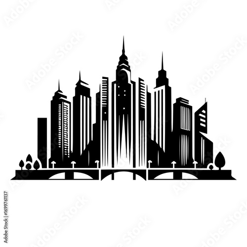 Black and white vector silhouette of city skyline on white background