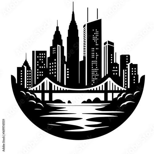 Black and white vector silhouette of city skyline on white background