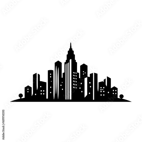 Black and white vector silhouette of city skyline on white background
