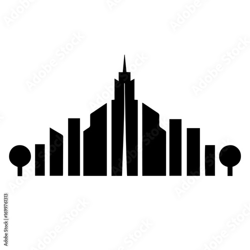 Black and white vector silhouette of city skyline on white background