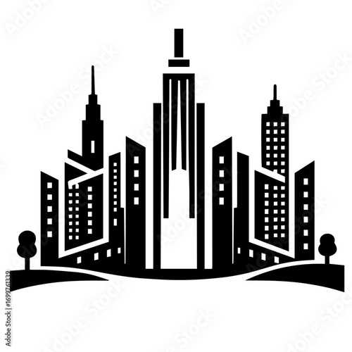 Black and white vector silhouette of city skyline on white background