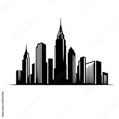 Black and white vector silhouette of city skyline on white background
