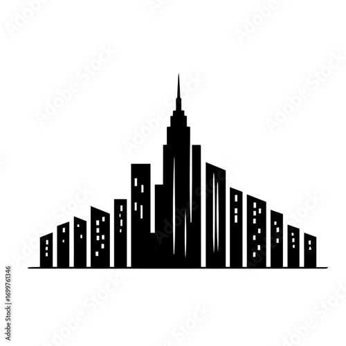 Black and white vector silhouette of city skyline on white background