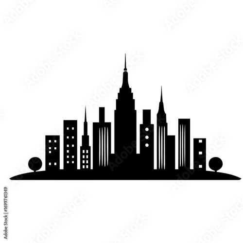 Black and white vector silhouette of city skyline on white background