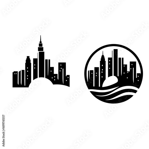 Black and white vector silhouette of city skyline on white background