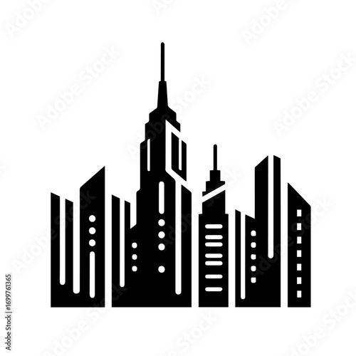 Black and white vector silhouette of city skyline on white background